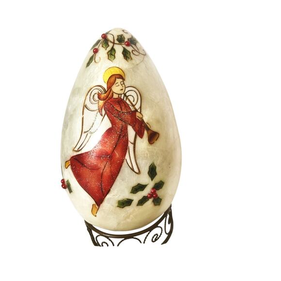 Vintage Hand Painted Angel Capiz Shell Egg w/ Stand 7" Made in Philippines - Picture 8 of 9